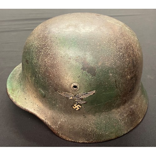 3244 - WW2 Third Reich Luftwaffe M35 Normandy Camo Double Decal Steel Helmet. Shell is maker marked along w... 