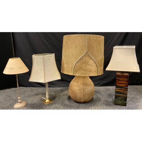 71 - Interior design - a large contemporary suede and ceramic table lamp, 79cm tall;  another table lamp,... 