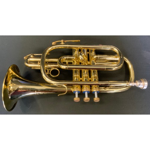 79 - A Boosey and Hawkes 400 brass cornet with plated mouth piece, 33cm long,  cased