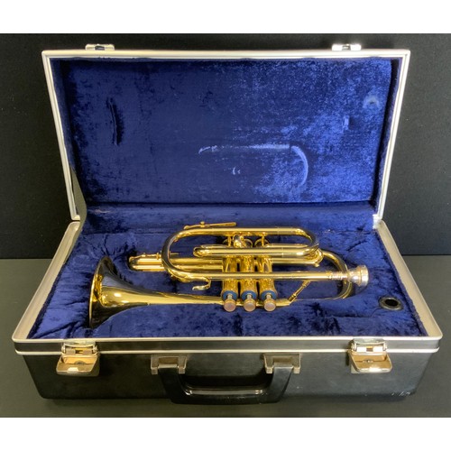 79 - A Boosey and Hawkes 400 brass cornet with plated mouth piece, 33cm long,  cased