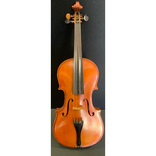 80 - A Czechoslovakian Stradivarius copy  violin, two piece back, 35.5cm long, wooden coffin case, anothe... 