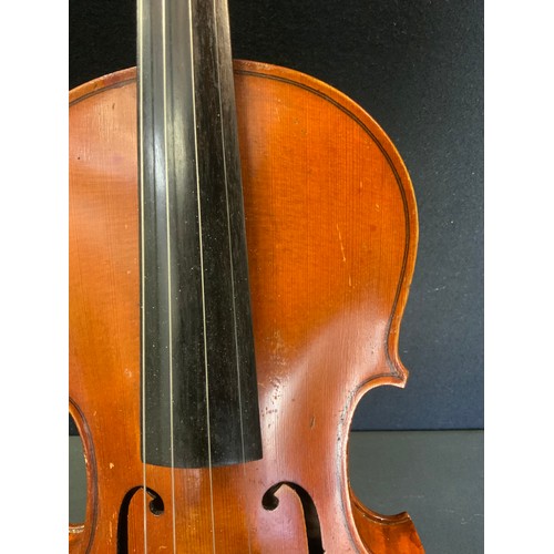 80 - A Czechoslovakian Stradivarius copy  violin, two piece back, 35.5cm long, wooden coffin case, anothe... 