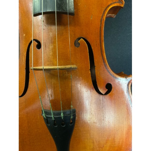 80 - A Czechoslovakian Stradivarius copy  violin, two piece back, 35.5cm long, wooden coffin case, anothe... 