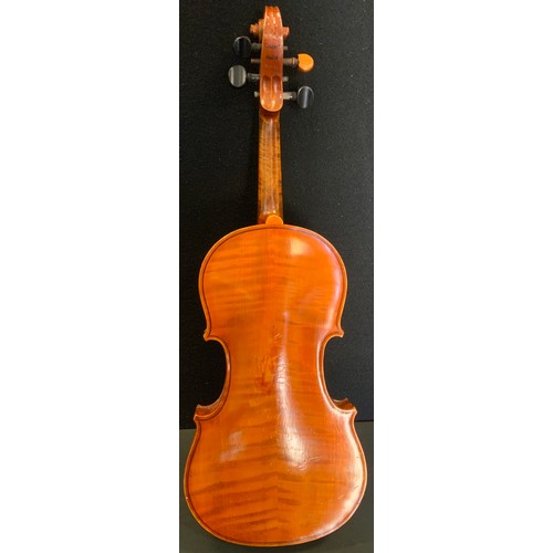 80 - A Czechoslovakian Stradivarius copy  violin, two piece back, 35.5cm long, wooden coffin case, anothe... 