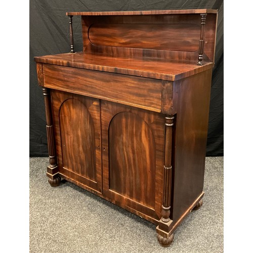 87 - A Victorian mahogany chiffonier, quarter galleried back, turned and reeded supports, single long dra... 