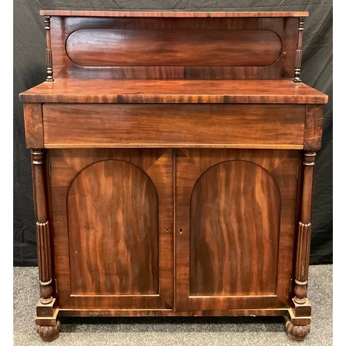 87 - A Victorian mahogany chiffonier, quarter galleried back, turned and reeded supports, single long dra... 