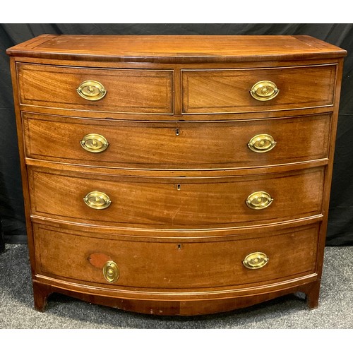 89 - A 19th century mahogany bow front chest of drawers, two short over three long graduated drawers, bla... 