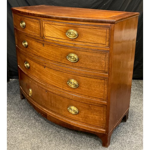 89 - A 19th century mahogany bow front chest of drawers, two short over three long graduated drawers, bla... 