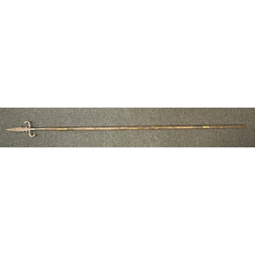 3249 - Halberd with double edged spear point 20cm in length. Wooden pole which has been wire bound top and ... 