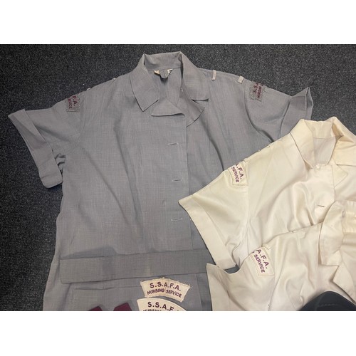 3255 - 1960's SSAFA Nurses Archive to Sister Olive Summers: Two grey dresses, two white dresses, spare shou... 