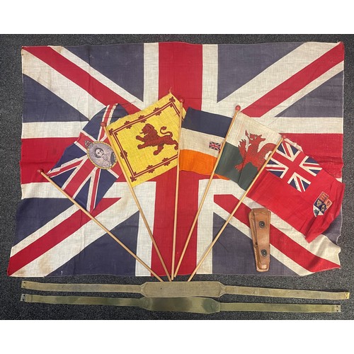 3266 - WW2 British Screen Printed Union Flag size approx. 110cm x 79cm, plus 5 flags dating from ERII Coron... 