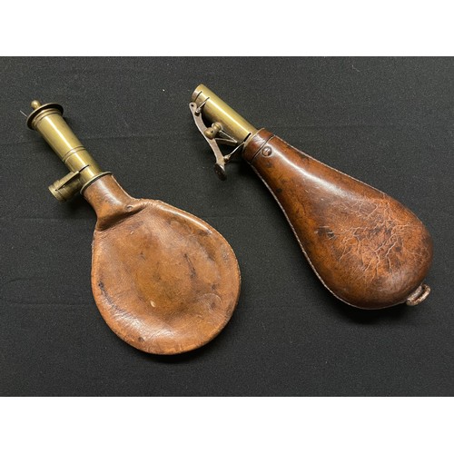 3280 - Pair of 19th Century Brass and Leather Shot Flask. Adjustable to enable two different measures of sh... 