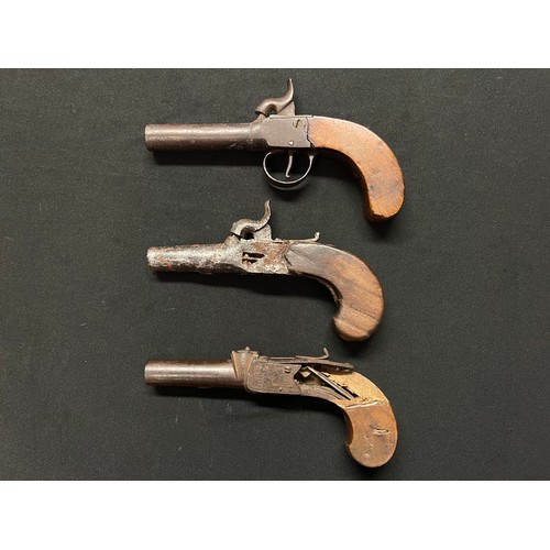 3293 - Three percussion cap pocket pistols. One with 70mm long barrel, bore approx. 10mm, overall length 17... 