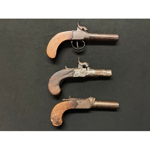 3293 - Three percussion cap pocket pistols. One with 70mm long barrel, bore approx. 10mm, overall length 17... 