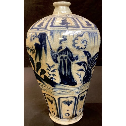 39 - A Korean style octagonal inverted baluster blue and white vase, painted with a continuous garden lan... 