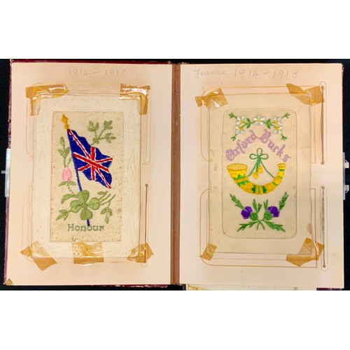 3298 - WW1 British Silk and Other Postcards or Greetings Cards, Funeral Cards in a period album: Silk cards... 