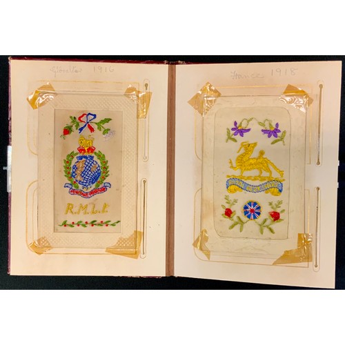 3298 - WW1 British Silk and Other Postcards or Greetings Cards, Funeral Cards in a period album: Silk cards... 