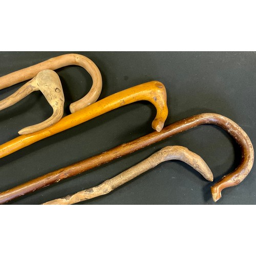 289 - A long hedgerow walking stick, hooped top as a stylized bird;  others (5)