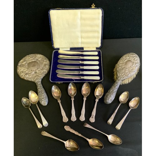 290 - A set of three silver Old English pattern tea spoons, London 1818;  others;  a silver backed hair br... 