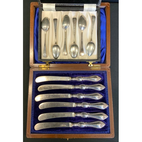 292 - A set of six silver coffee spoons, Birmingham 1947;  Victorian silver hafted butter knives, mahogany... 