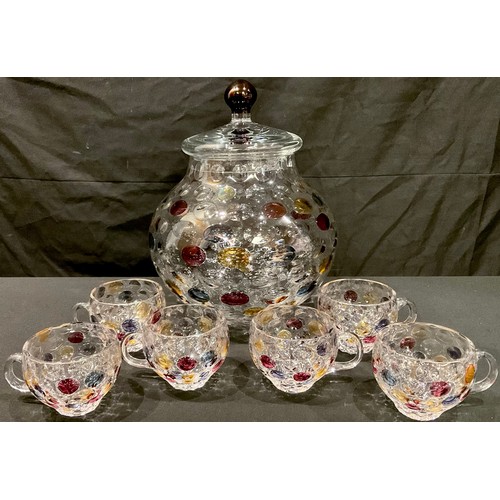 44 - A continental glass hand made and hand painted punch bowl and cover with six conforming cups