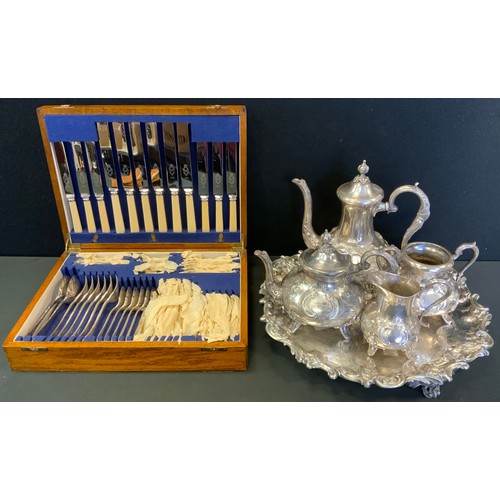 297 - An Arthur Price silver plated canteen, for six, oak case;  Victorian four piece tea set, tray ensuit... 