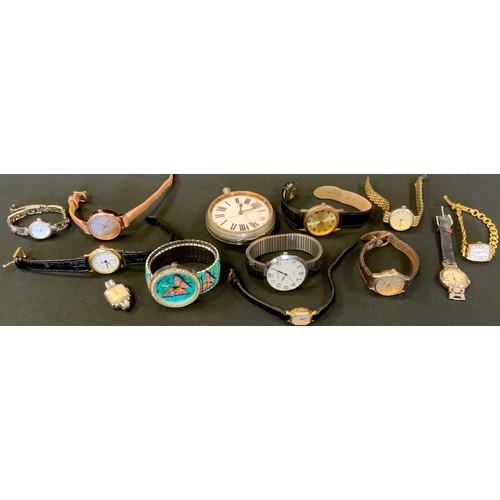 300 - Watches - a large chrome open faced pocket watch;  others, Romano;  Bwerge;  Timex;  etc