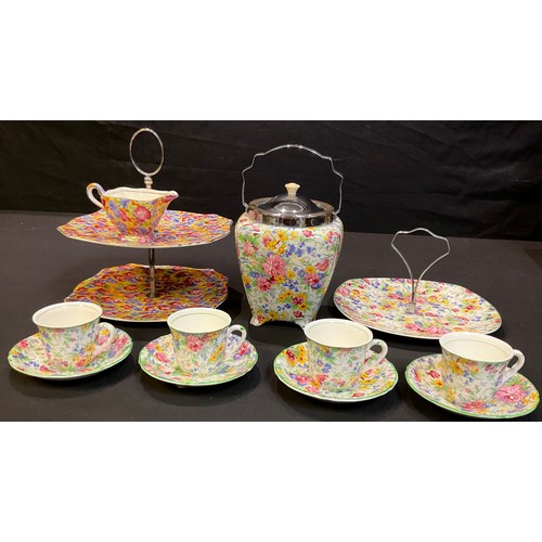 45 - A Midwinter Brama pattern chintz biscuit barrel, cake stand, four demi-tasse cups and saucers; a Gri... 