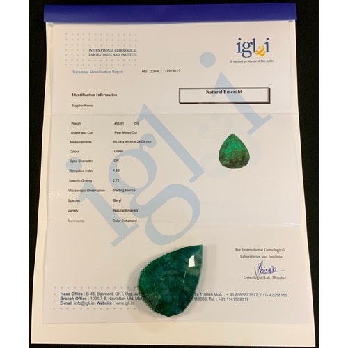 314 - Loose Gemstones - a large mixed pear cut emerald, 455.1ct, IGLI & I certificate