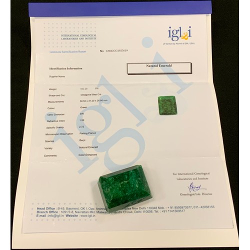 315 - Loose Gemstones - a large mixed octagonal step cut emerald, 452.29ct, IGLI & I certificate