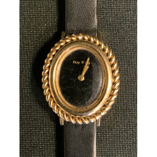 321 - A 9ct gold Roy King wristwatch, gold twist bezel, leather strap