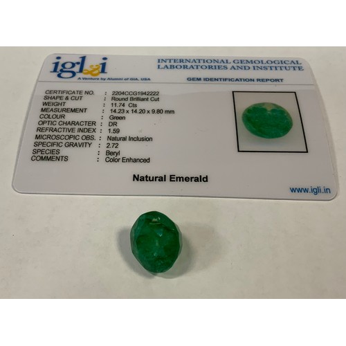 326 - Loose Gemstone - a round brilliant cut natural emerald, 11.74ct, IGLI & I   certificates