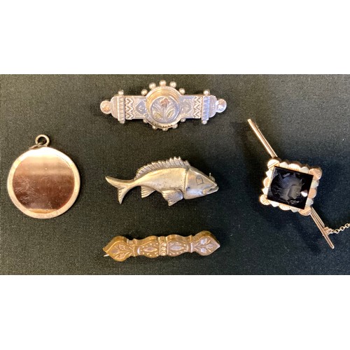 328 - Jewellery  - a 925 silver leaping fish brooch;  aesthetic movement brooch etc