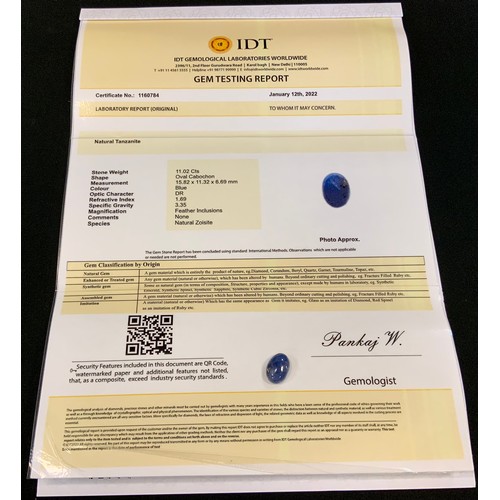 344 - Loose Gemstones - an oval cabochon cut tanzanite, 11.02ct,  IDT certificate