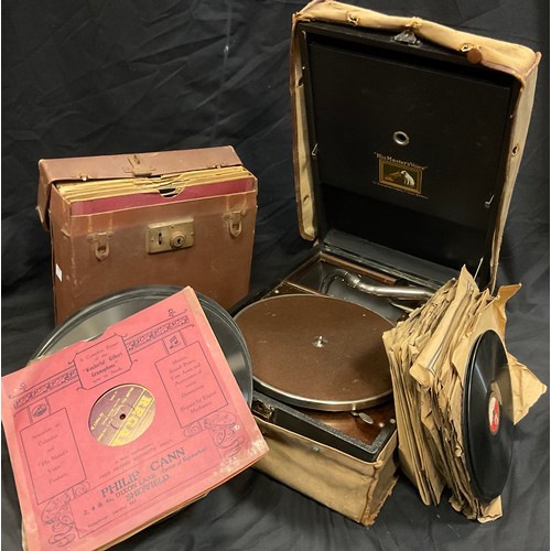 280 - A HMV portable gramophone, model 101, serial No 72884, with outer case;  records inc, Sandy Powell s... 