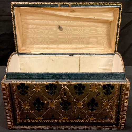 62 - A late 19th century tooled leather domed stationery box, hinged cover, embossed with stars and fleur... 