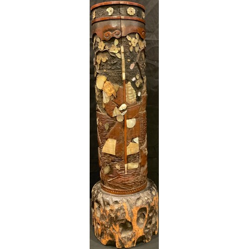 67 - A Japanese bamboo vase/stickstand, mother of pearl inlay, 59.5cm