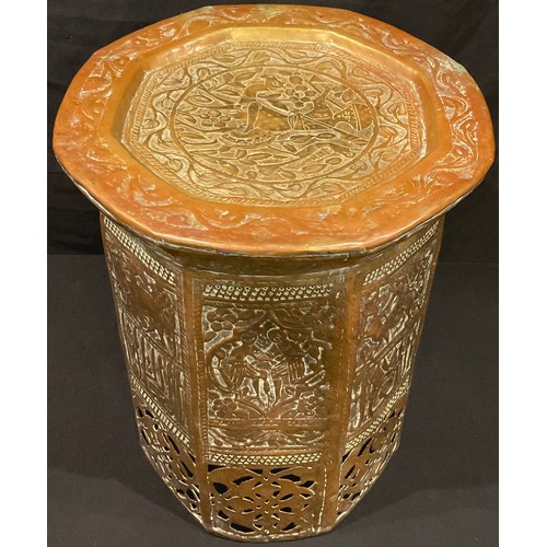 70 - A 19th century Islamic brass octagonal table, Islamic script, figures, animals, 39x35cm