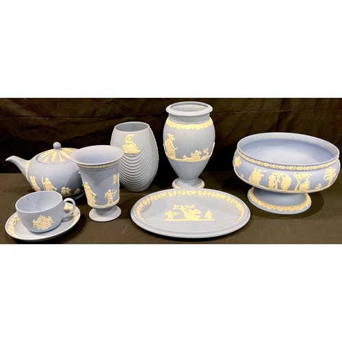 74 - A Wedgwood Jasperware teapot; others, pedestal fruit bowl, vases, cup and saucers, etc (8)