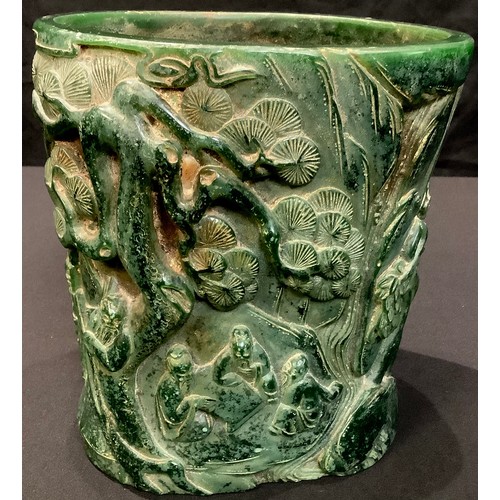 82 - A large contemporary Chinese carved green stone effect brush pot, decorated with figural landscape, ... 