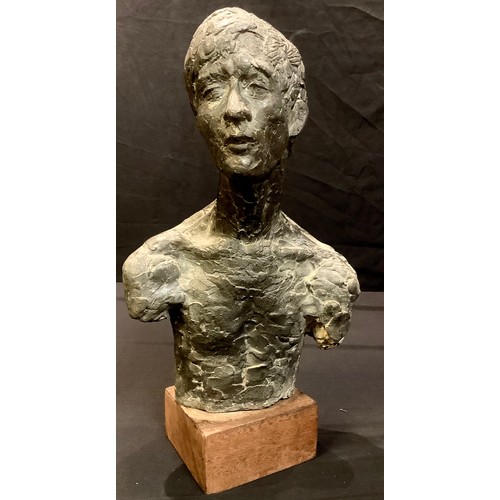 94 - Gus Hyatt (20th century), a dark patinated sculpture, male torso, 33cm, wooden block base