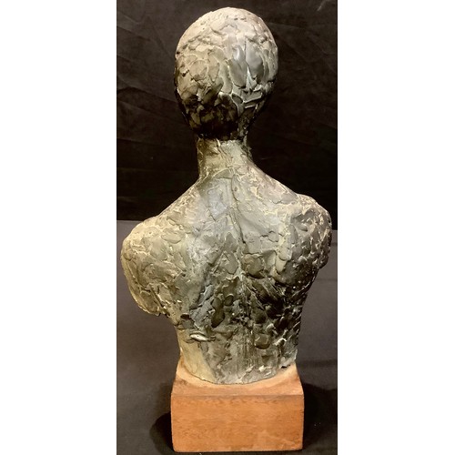 94 - Gus Hyatt (20th century), a dark patinated sculpture, male torso, 33cm, wooden block base