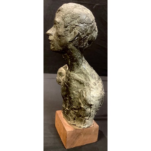 94 - Gus Hyatt (20th century), a dark patinated sculpture, male torso, 33cm, wooden block base