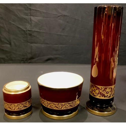 127 - A Carlton Ware Rouge Royale lamp base, jardinière and small pot; an Art Deco Foley part tea set, num... 