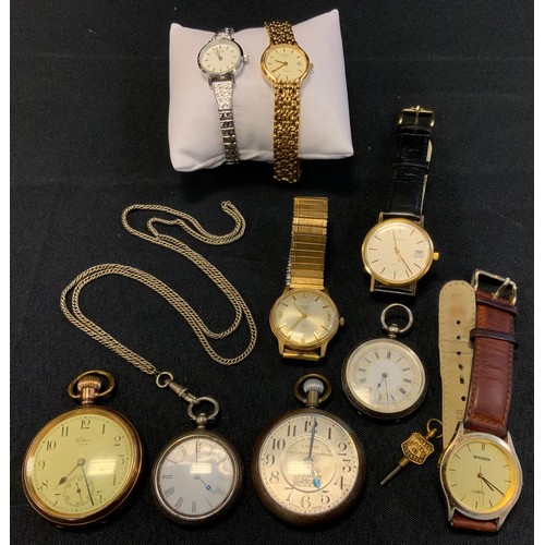 350 - A continental silver open faced pocket watch;  another;  a gold plated pocket watch;  a Railway Regu... 