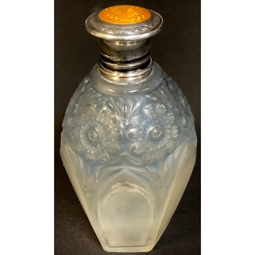 178 - An Art Deco iridescent glass scent bottle, silver and enamel top, 12cm