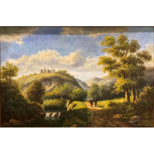 184 - English School (20th century)  
Figures on a Woodland Path, with ruin  
oil on canvas, gilt frame