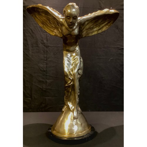 187 - A large silver plated bronze model, Sprit of Ecstasy, marble base, 76cm high, 61.5cm wide across win... 