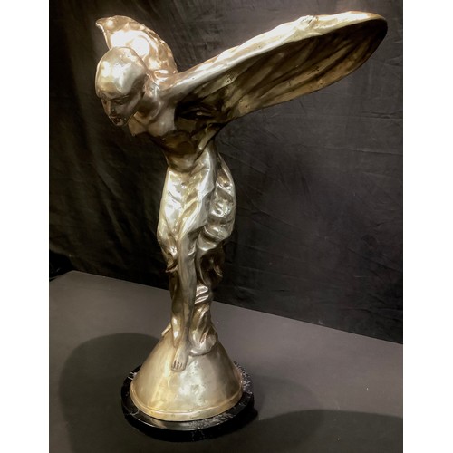 187 - A large silver plated bronze model, Sprit of Ecstasy, marble base, 76cm high, 61.5cm wide across win... 