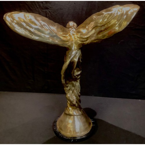 187 - A large silver plated bronze model, Sprit of Ecstasy, marble base, 76cm high, 61.5cm wide across win... 